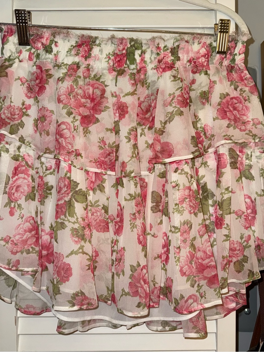 LoveShackFancy Pink Florals Tiered Chiffon Mini Skirt